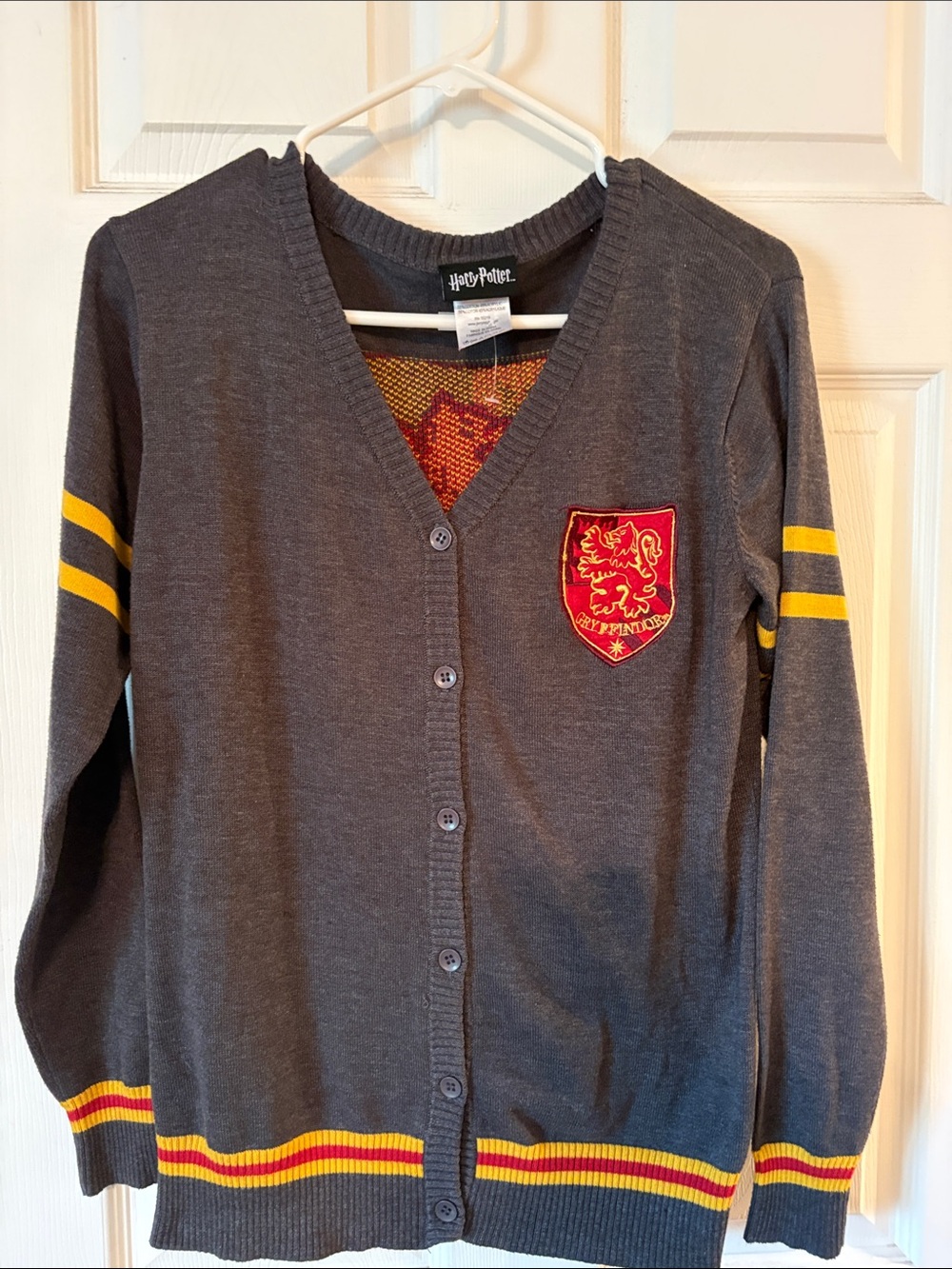Harry Potter NWOT Gray Cardigan with Yellow & Red Trim - Gryffindor Patch M